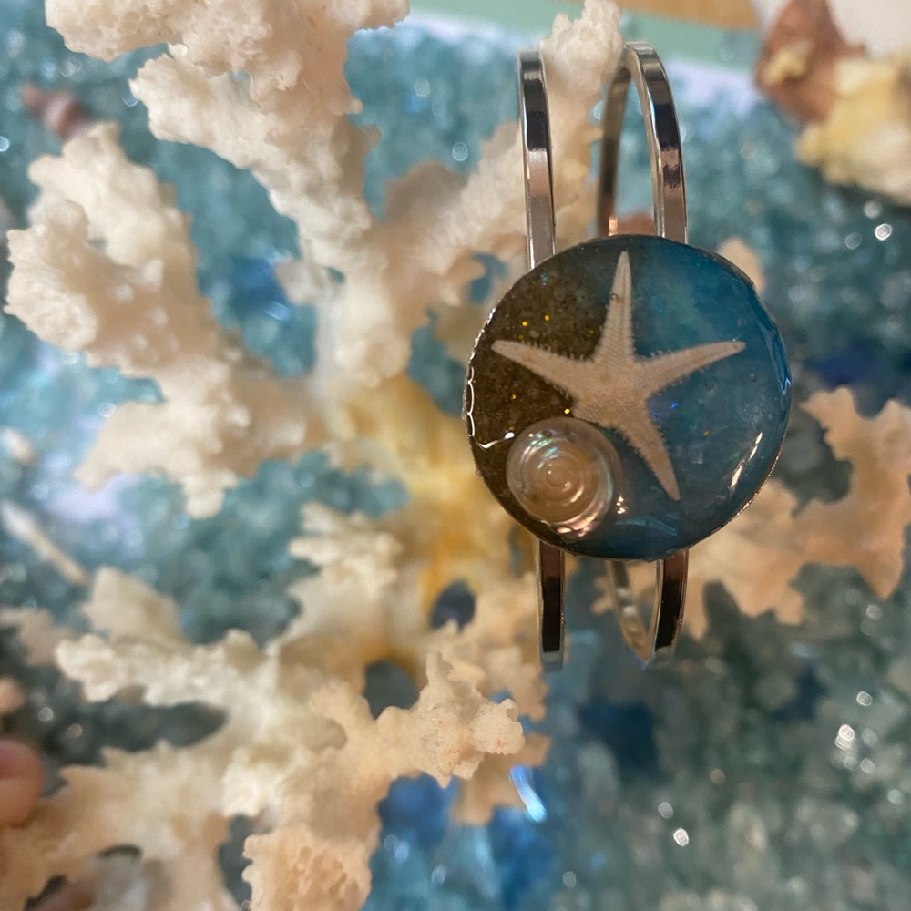 Starfish, seashell, sand and glitter cuff bracelet